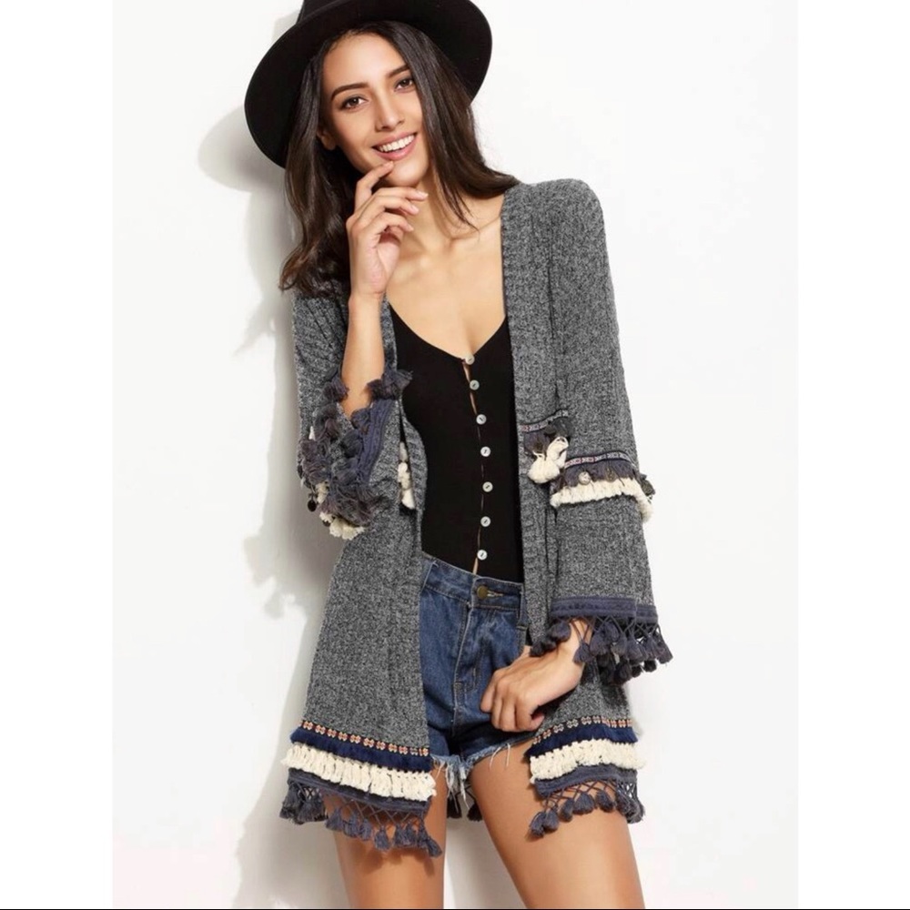 Marled Knit Cardigan with Embroidered Tape/Fringe